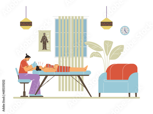 Acupuncture doctor, needle treatment, vector illustration on white