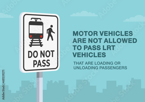 Safe driving tips and traffic regulation rules. Do not pass stopped train sign rule. Close-up view. Flat vector illustration template.