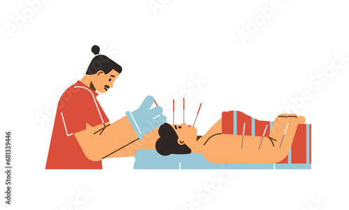 Acupuncture treatment vector illustration, acupuncturist inserts needles into the face of patient, oriental medicine