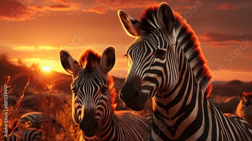 Beautiful wild animals African striped black and white zebras on the loose on a nature safari at sunset