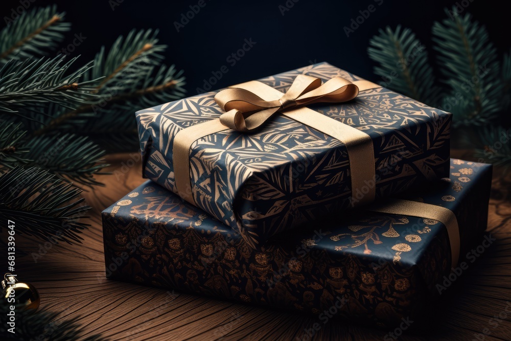 Gift boxes and Christmas tree branches on wooden background. Gift boxes and Christmas tree branches on wooden background.