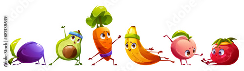 Cute fruit character exercise vector illustration. Funny food healthy yoga workout icon set. Strong plum, pilates avocado, banana and stretch beet, peach isolated comic pose nutrition fitness clipart.