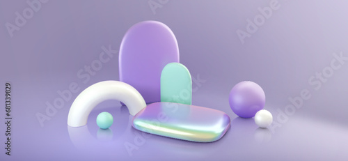 Holographic 3D platform with abstract geometric figures in background. Vector realistic illustration of glossy iridescent sphere, semi-circle, futuristic podium mockup for beauty product demonstration