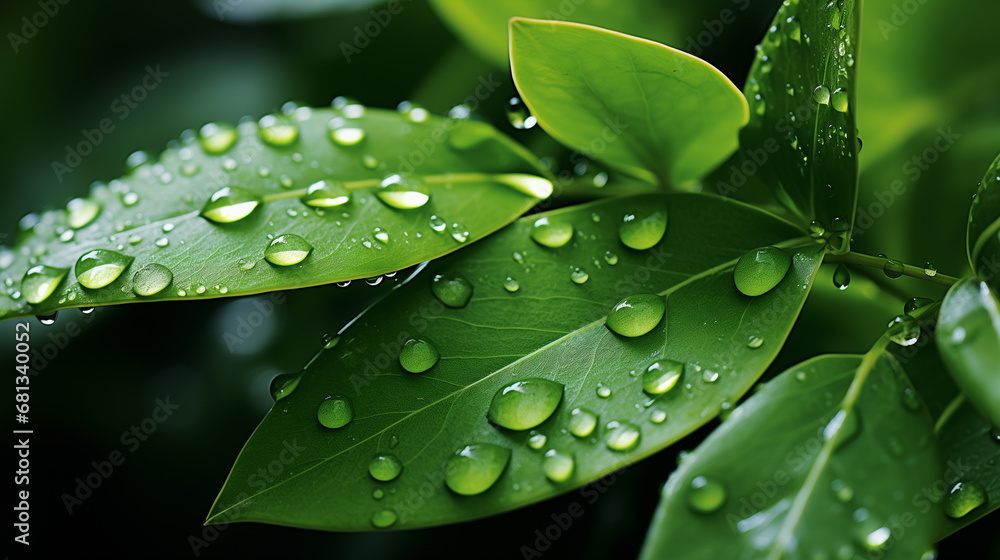 Water drops on a background of green leaves Water drops on a background of green leaves