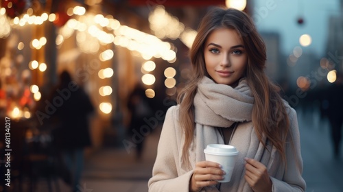 Young beautiful woman with cup of coffee in the city at Christmas time