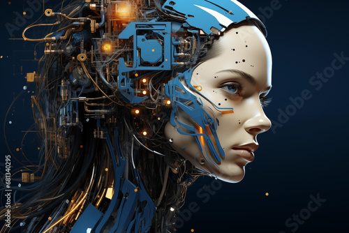 Portrait of female robot, android face, Artificial intelligence concept 