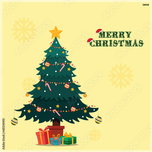 Vector illustration Marry Christmas Poster with Christmas Tree and Gifts template