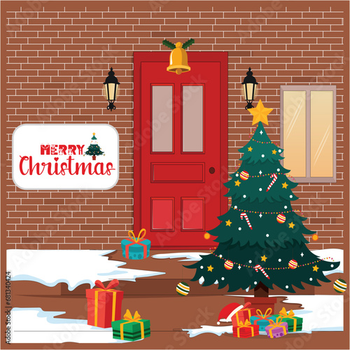 Vector illustration Marry Christmas Celebration Poster template with house door and trees
