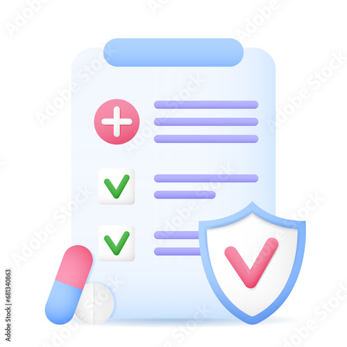 Document medicines insurance with shield, pills icon. Health, finance, protect, medical service concept. Vector illustration in cartoon minimal style