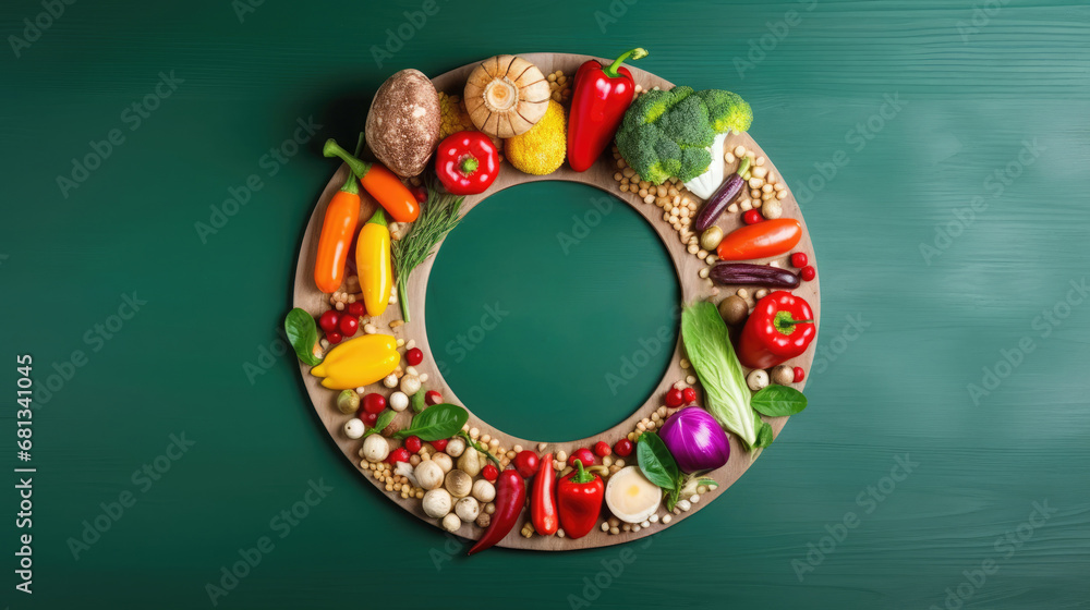 Frame made of fresh vegetables on green background. Healthy food concept.