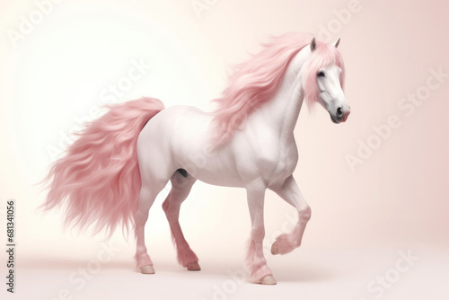 Soft pink horse with fluffy tail and mane on white background