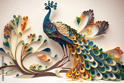 A peacock sculpture digital paper quilling art digital illustration AI generated photo