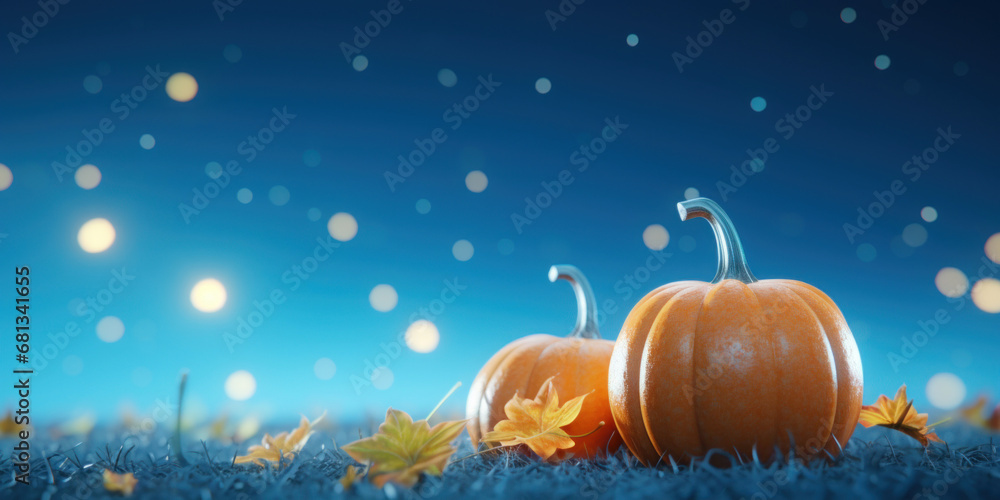 Fototapeta premium Pumpkins with fall leaves against a starry blue sky