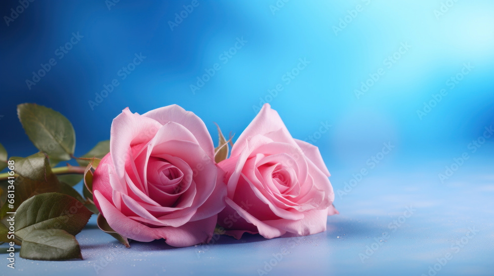 Pink roses on a blue bokeh background. Pink roses on a blue bokeh background.