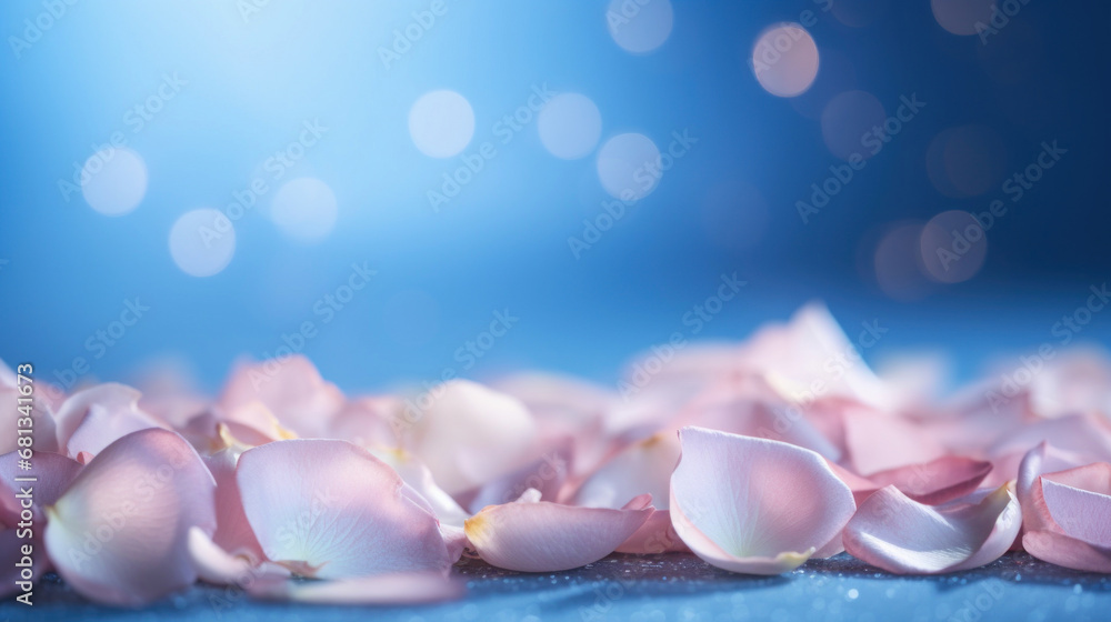 Pink roses petals on a blue bokeh background. Pink roses petals on a blue bokeh background.