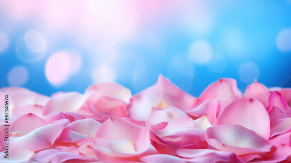 Fototapeta premium Pink roses petals on a blue bokeh background.