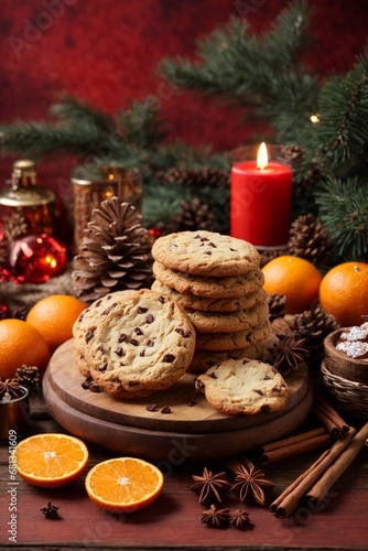 Christmas cookies with oranges, cinnamon and anise on a wooden board