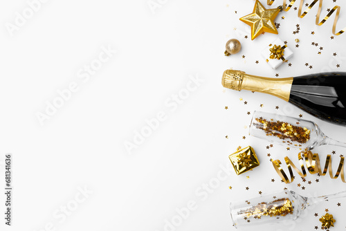 Christmas background with golden decoration on white background, space for text