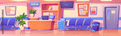 Hospital reception interior with desk and computer, chairs for patients to sit in, posters and decorative plants. Cartoon vector of waiting room of medical service and healthcare department.