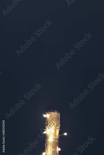 Champagne bottle with garlands on dark background