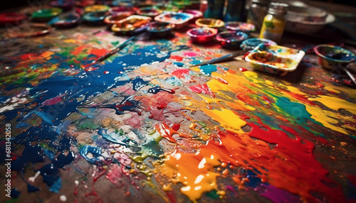 Vibrant colors mix on messy table, creating abstract watercolor painting generated by AI