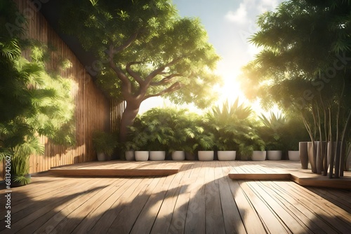 3D rendering of a barren wooden terrace with a green wallWooden floors with a tropical-style tree garden as the foreground and sunlight shining on the tree