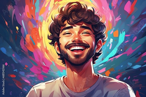 Happy Man Smiling Laughing Colorful Splashes Background Radiating Happiness Anime Illustration Brushes Art Generative AI photo