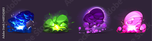 Cartoon explosion effect - game ui magic comic colorful explosive boom with fire, smoke and sparkles. Cartoon vector illustration set of energy of bomb or dynamite blast clouds with light beams.
