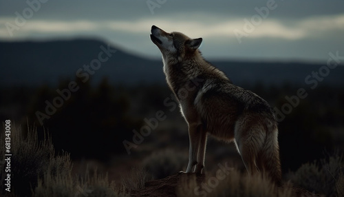 Wilderness area One wolf standing, watching nature tranquil beauty generated by AI