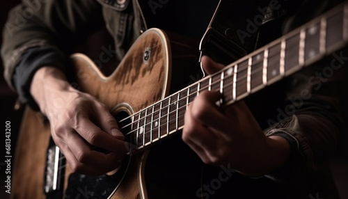 One man playing guitar, plucking strings, performing rock music generated by AI