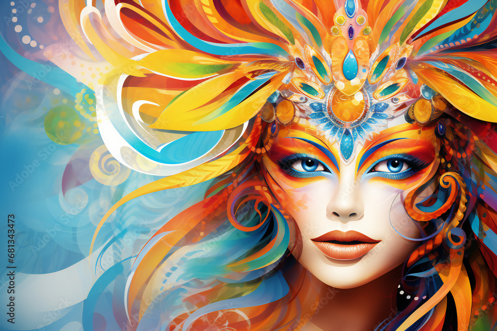 Woman painting her face with colorful paints to attend the festival Woman painting her face with colorful paints to attend the festival