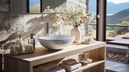 Stylish designer fashionable white basin in light bathroom photo