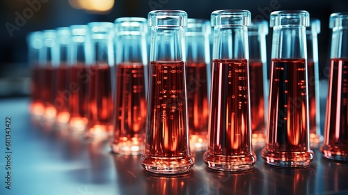 Medical Flask test tubes with chemical laboratory tests liquid. Scientific microbiological laboratory