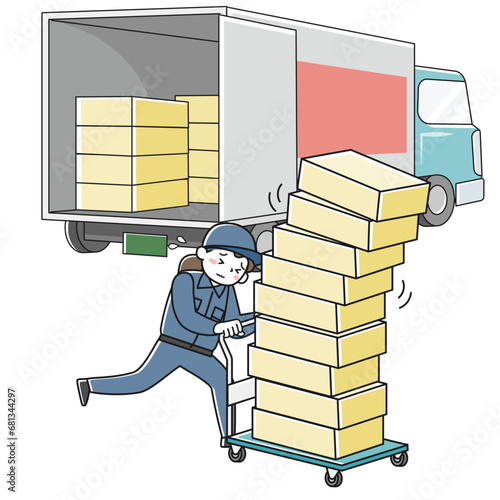 荷物を載せた台車を必死に押す作業服の女性とトラック