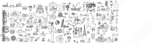 Big summer vacations icon set. Vector thin line illustrations with objects  activities and places related with traveling  tourism  outdoors in the beach and mountain  camping  resorts and hotels.