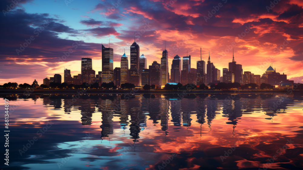 GLOWING SKYLINE REFLECTED IN THE WATER AT DUSK