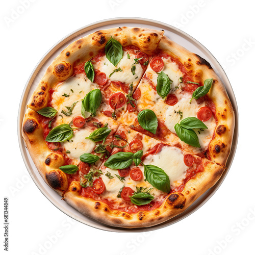Top View of Margherita Pizza on Plate Isolated on Transparent or White Background, PNG