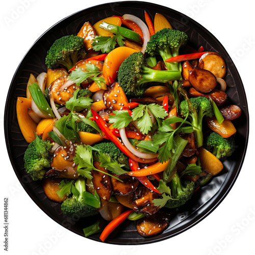 Top View of Vegetable Stir-Fry on a Plate Isolated on Transparent or White Background, PNG