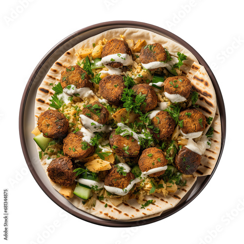 Top View of a Falafel Pita Sandwich on a Plate Isolated on Transparent or White Background, PNG