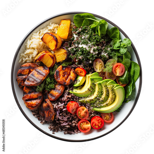 Top View of a Vegan Buddha Bowl on a Plate Isolated on Transparent or White Background, PNG photo