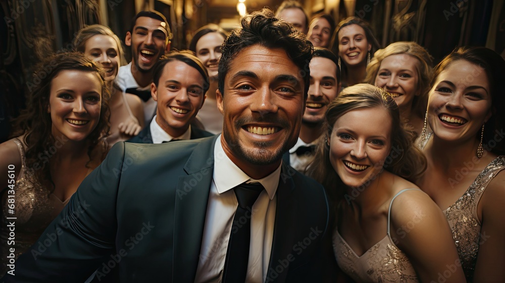 Joyful man groom at a wedding surrounded by guests takes a photo, takes a selfie, smiles and laughs