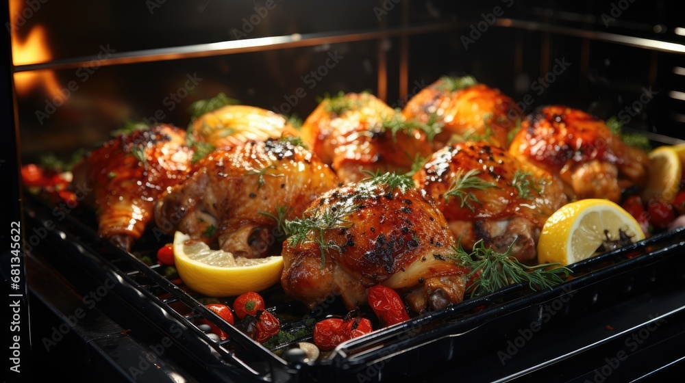 Delicious fried grilled chicken with a golden crust in the oven, home cooking Delicious fried grilled chicken with a golden crust in the oven, home cooking