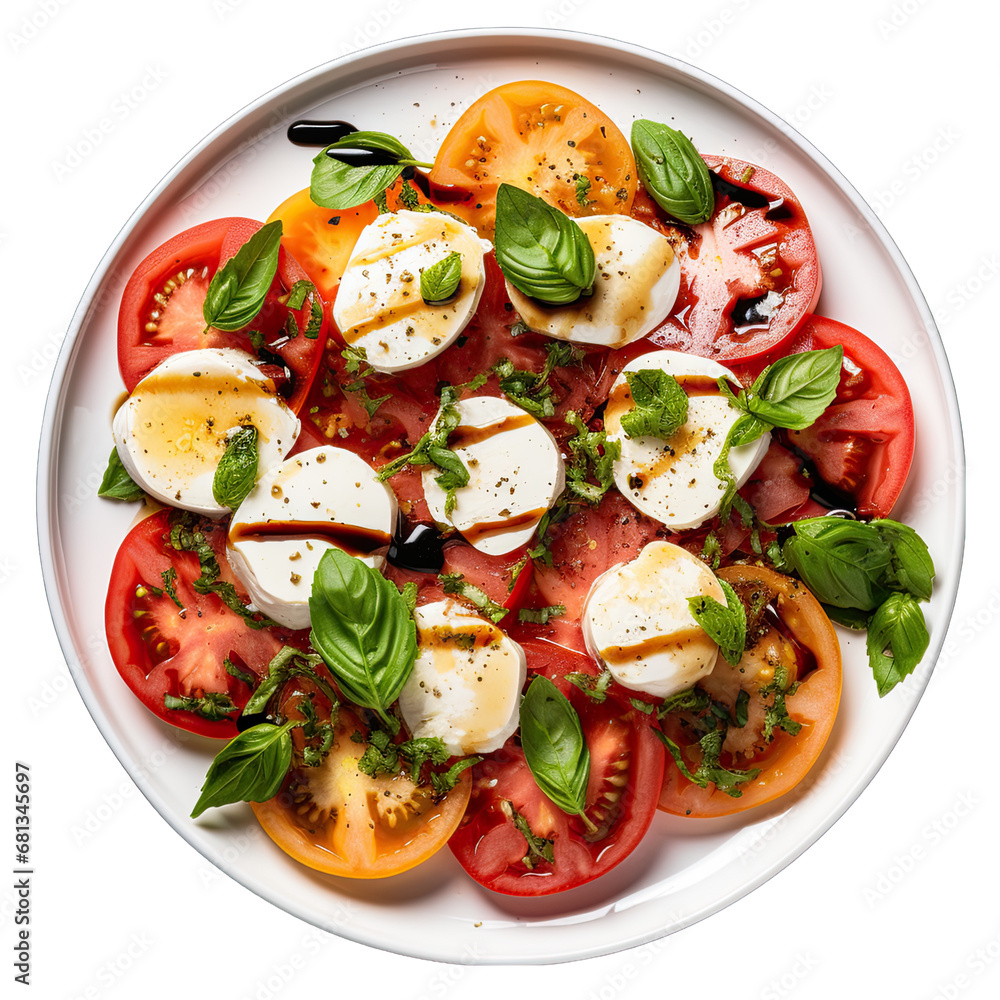 Top View of a Caprese Salad Isolated on Transparent or White Background, PNG
