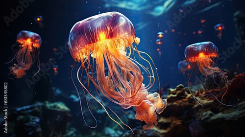 Beautiful glowing purple jellyfish swim underwater among sea inhabitants and corals photo