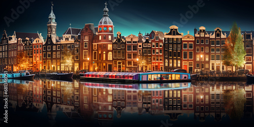 Twilight Magic The Beautiful Night View of Amsterdam Canal,Illuminated Buildings and Canal at Night background generative ai