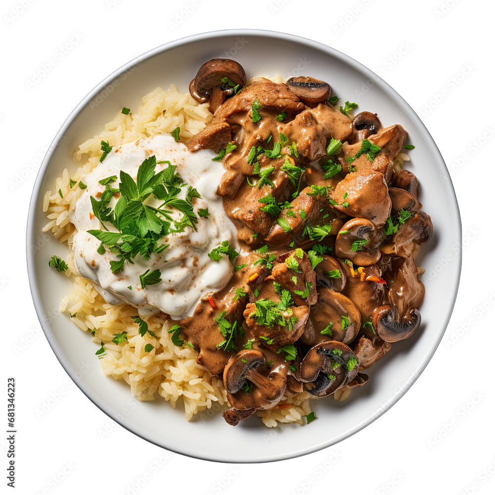 Top View of Beef Stroganoff on a Plate Isolated on Transparent or White Background, PNG Top View of Beef Stroganoff on a Plate Isolated on Transparent or White Background, PNG