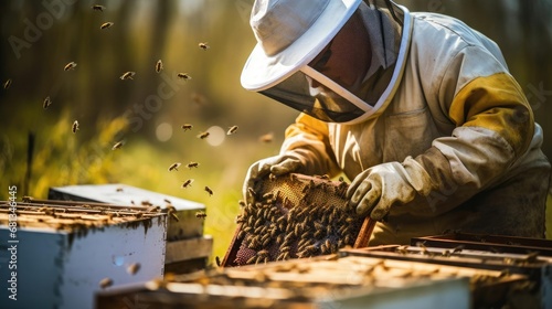 Beekeeper working with hives and bees