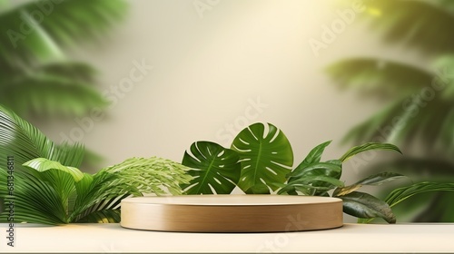 Podium with a leaf background  cosmetic beauty mockup display stand for product presentation Nature and organic cosmetics and food presentation themes Natural product present placement display