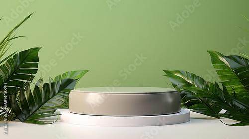 Podium with a leaf background, cosmetic beauty mockup display stand for product presentation Nature and organic cosmetics and food presentation themes Natural product present placement display