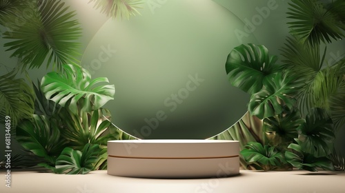 Podium with a leaf background, cosmetic beauty mockup display stand for product presentation Nature and organic cosmetics and food presentation themes Natural product present placement display